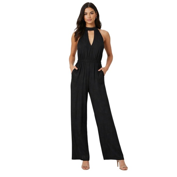 Kendall & Kylie Black Halter Neck Wide Leg Jumpsuit Maxi Dress Women's Medium - Picture 1 of 10